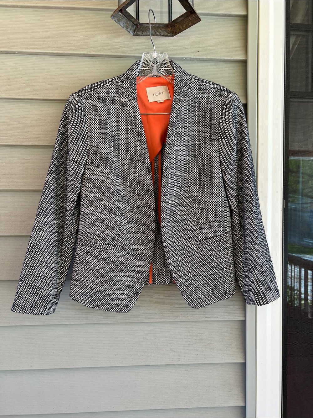 LOFT Black and White Herringbone Open-Front Blazer with Orange Lining